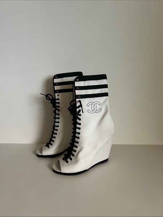 CHANEL Shoes - CHANEL White & Black Lace-Up Peep-Toe Wedge Boots